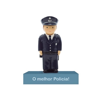 Figura decorativa de polícia com base azul e texto