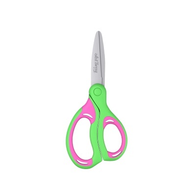 Tesoura com lâminas metálicas e cabo verde e rosa