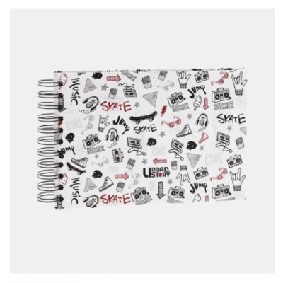 Caderno capa rígida branca com desenhos e texto em preto, vermelho e cinzento