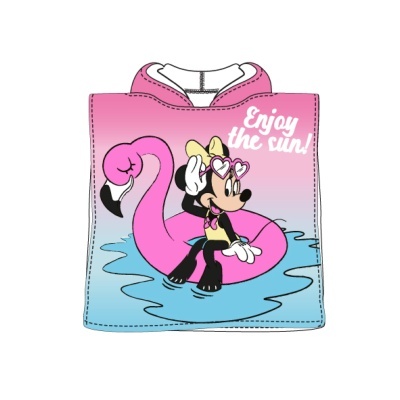 Poncho de praia infantil com estampa da Minnie Mouse numa bóia de flamingo cor-de-rosa e texto 'Enjoy the sun!'