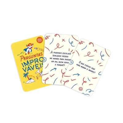 Cartas coloridas com perguntas em português no jogo Perguntas Improváveis