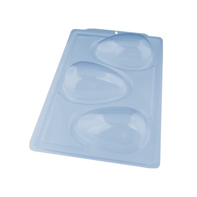 Forma de plástico transparente com três moldes em forma de ovos