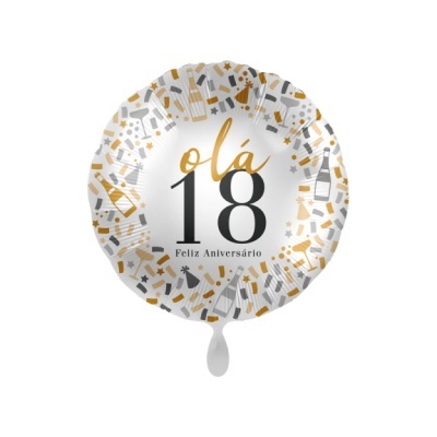 Balão metálico redondo com texto olá 18 Feliz Aniversário e decoração festiva dourado e cinza