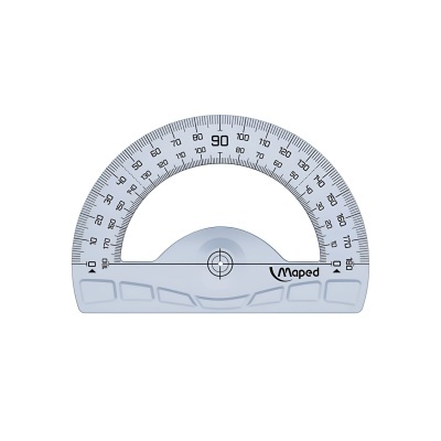 Transportador semicircular transparente de plástico com graduação de 0 a 180 graus e o logo Maped