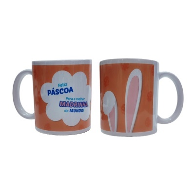 duas chávenas brancas e laranjas com texto e desenho de orelhas de coelho