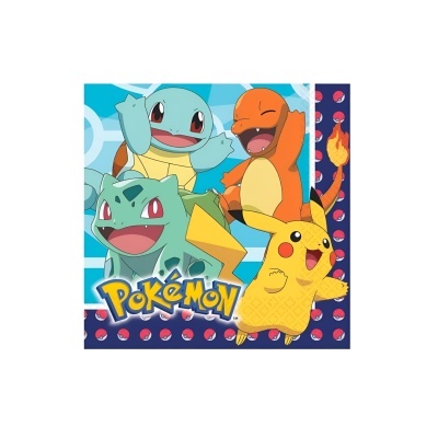 Guardanapo de papel com personagens Pokémon Pikachu, Charmander, Squirtle e Bulbasaur coloridos.