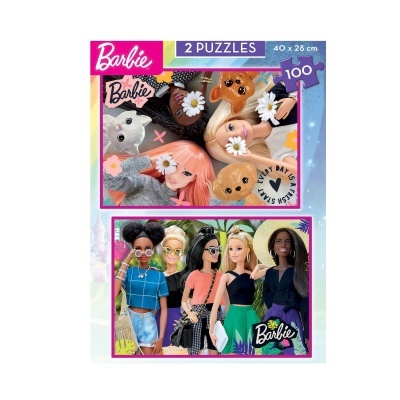 Embalagem de dois puzzles Barbie com 100 peças cada, mostrando bonecas Barbie e animais de pelúcia.