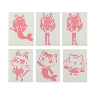 Seis autocolantes decorativos rosa com personagens infantis em fundo branco