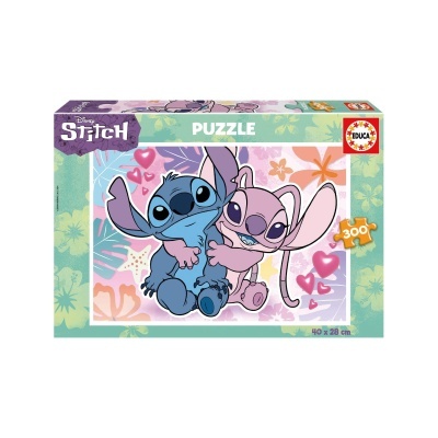 Puzzle Disney Stitch com 300 peças, personagens azuis e rosa, fundo floral em embalagem colorida
