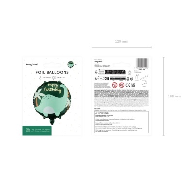 Embalagem com balão foil verde com dinossauro e Happy Birthday