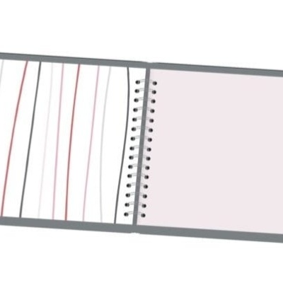 Caderno aberto com páginas pautadas e página rosa clara com símbolo