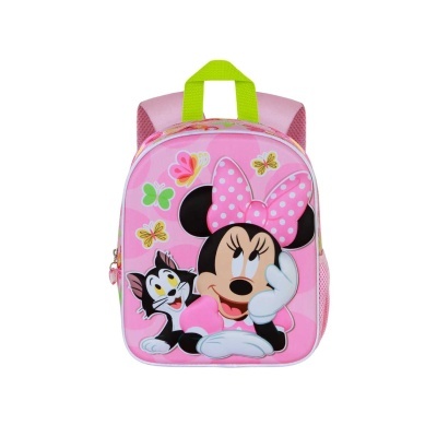 Mochila infantil rosa com Minnie Mouse e gato, borboletas e laço de bolinhas brancas