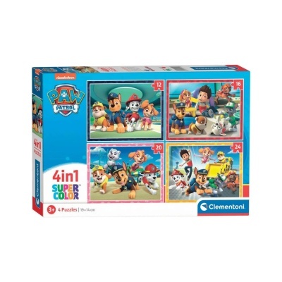 Caixa com 4 puzzles Paw Patrol para crianças com imagens coloridas dos cães e personagens da série.