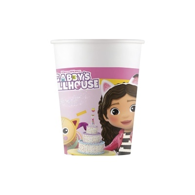 Copo de papel infantil com personagens animados e bolo desenhado