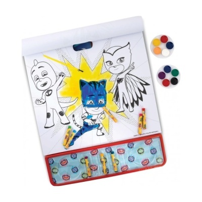 Jogo de pintura infantil com personagens PJ Masks e tintas coloridas