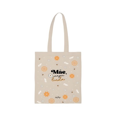 Saco de pano bege com flores, abelhas e texto para mãe