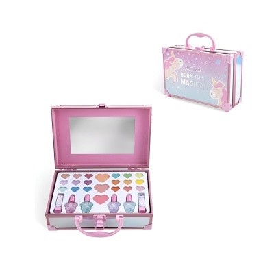 Mala de maquilhagem infantil rosa e lilás com unicórnio e sombras coloridas em forma de coração
