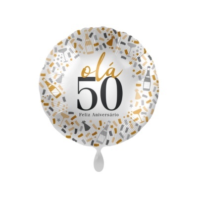 Balão redondo prateado com texto olá 50 Feliz Aniversário e padrão de festa em dourado e cinza