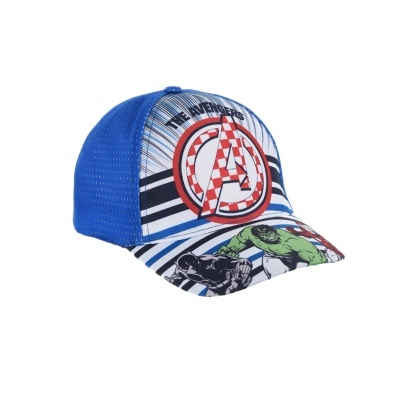 Boné azul com logo dos Avengers e personagens Hulk e Pantera Negra