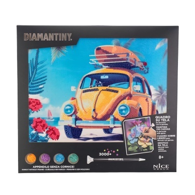 Conjunto para pintar em tela com carro amarelo e pranchas de surf no teto