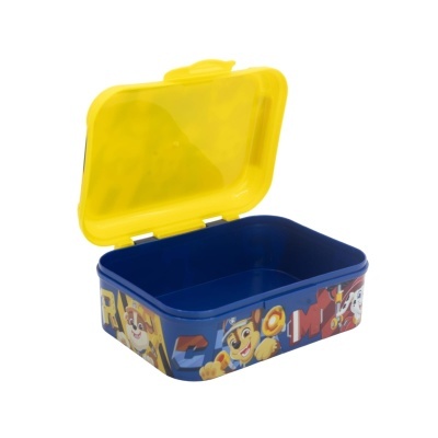 Caixa de plástico azul com tampa amarela e personagens animados
