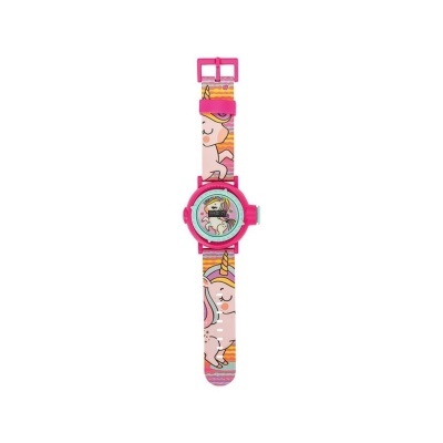 Relógio infantil com bracelete e mostrador decorados com unicórnios cor-de-rosa