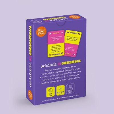 Embalagem do jogo de cartas Verdade ou Consequência da The Happy Gang, em tons roxo, amarelo e rosa.