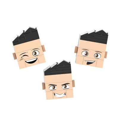 Três cabeças LEGO expressivas em bege e preto com diferentes expressões faciais