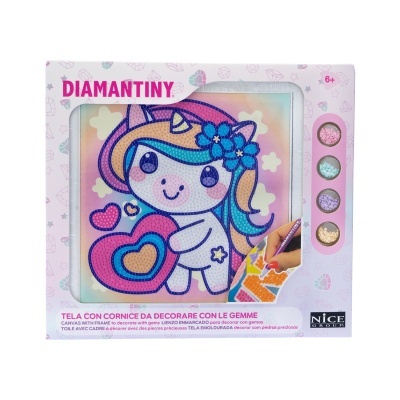Conjunto Diamantiny para decorar tela com moldura de unicórnio colorido e quatro potes de gemas brilhantes