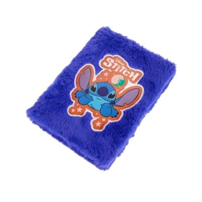 Caderno azul felpudo com imagem do Stitch e texto Disney Stitch
