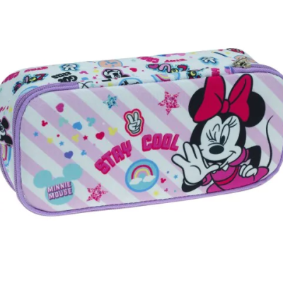 Estojo escolar retangular com zíper e desenho da Minnie Mouse em tons lilás e rosa