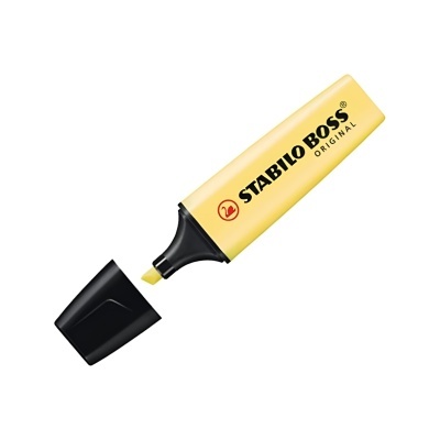 Marcador marca-texto amarelo Stabilo Boss Original com tampa preta ao lado