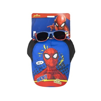 Boné do Homem-Aranha azul e preto com óculos de sol preto e vermelho
