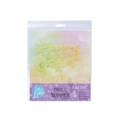 Cake topper amarelo com texto Happy Easter em embalagem transparente