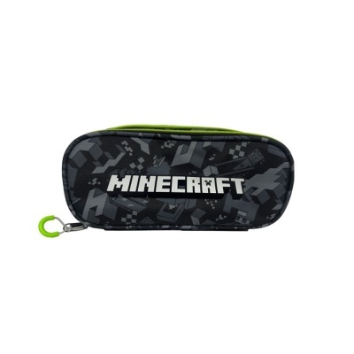 Estojo escolar retangular com padrão geométrico e texto MINECRAFT.