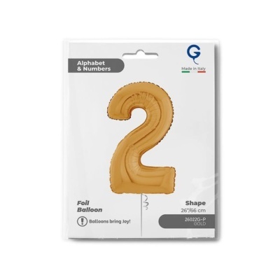 Balão dourado em forma do número 2 numa embalagem branca