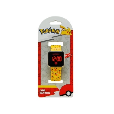 Relógio digital LED amarelo com tema Pokémon e embalagem colorida