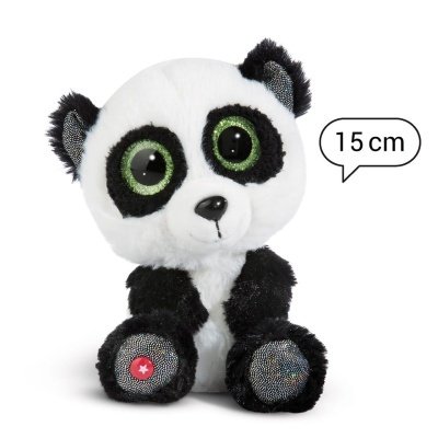 Pelúcia de panda preto e branco com olhos verdes grandes sentado