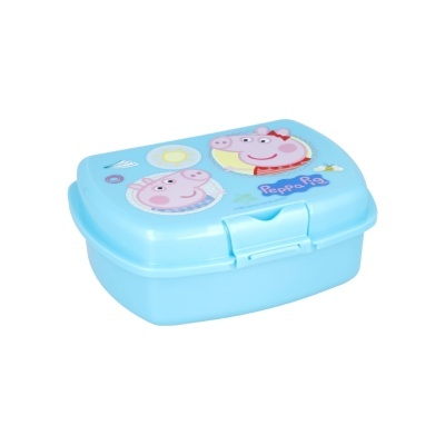 Estojo plástico azul com personagens da Peppa Pig na tampa
