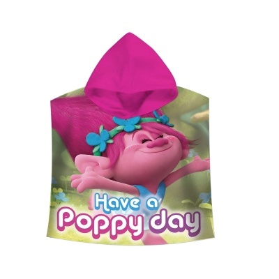 Poncho infantil com capuz e estampa do personagem Trolls em rosa e verde