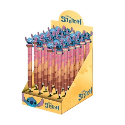 Canetas Disney Stitch em caixa de exposição amarela