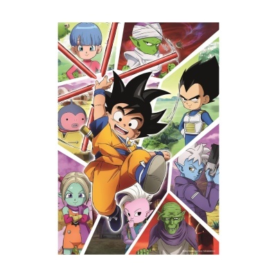 Personagens de Dragon Ball com Goku ao centro em roupa laranja