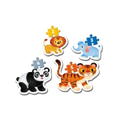 Puzzles com desenhos de leão, elefante, panda e tigre com peças numeradas na parte superior.