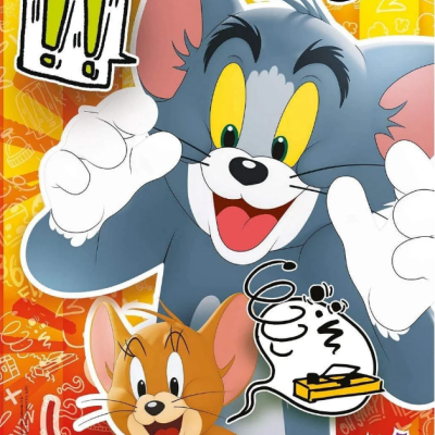 Ilustração de Tom e Jerry com fundo alaranjado e símbolos de surpresa