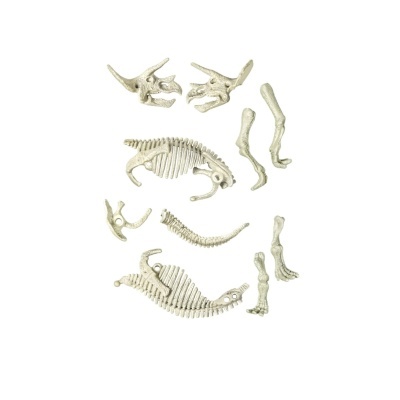 Peças plásticas de ossos de dinossauro desmontados em fundo branco