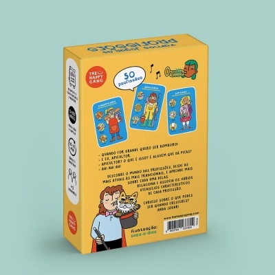Caixa amarela de jogo de cartas com ilustrações de profissões e texto em português