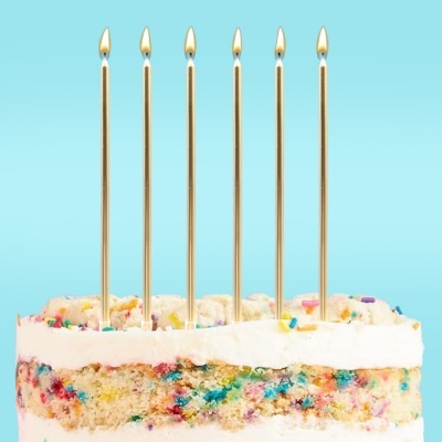 bolo de aniversário com velas douradas acesas