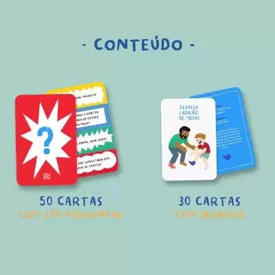 Conjunto de cartas coloridas com perguntas e desafios em fundo azul claro