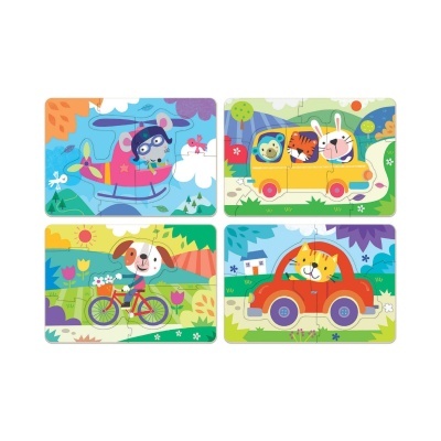 Quatro puzzles infantis com desenhos de animais em veículos diferentes