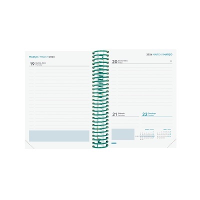 Agenda aberta para Março 2026 com encadernação espiral e páginas para semanas